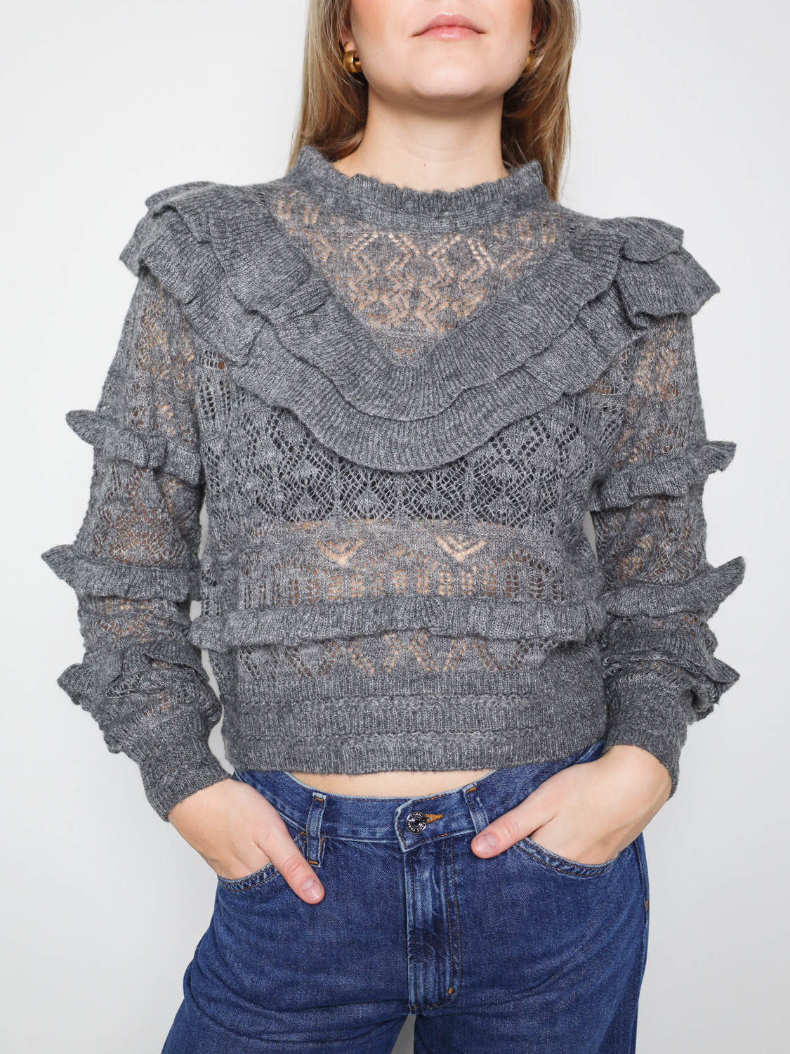 Farm Rio Ruffles Knit – sweater with ruffles  grey XS