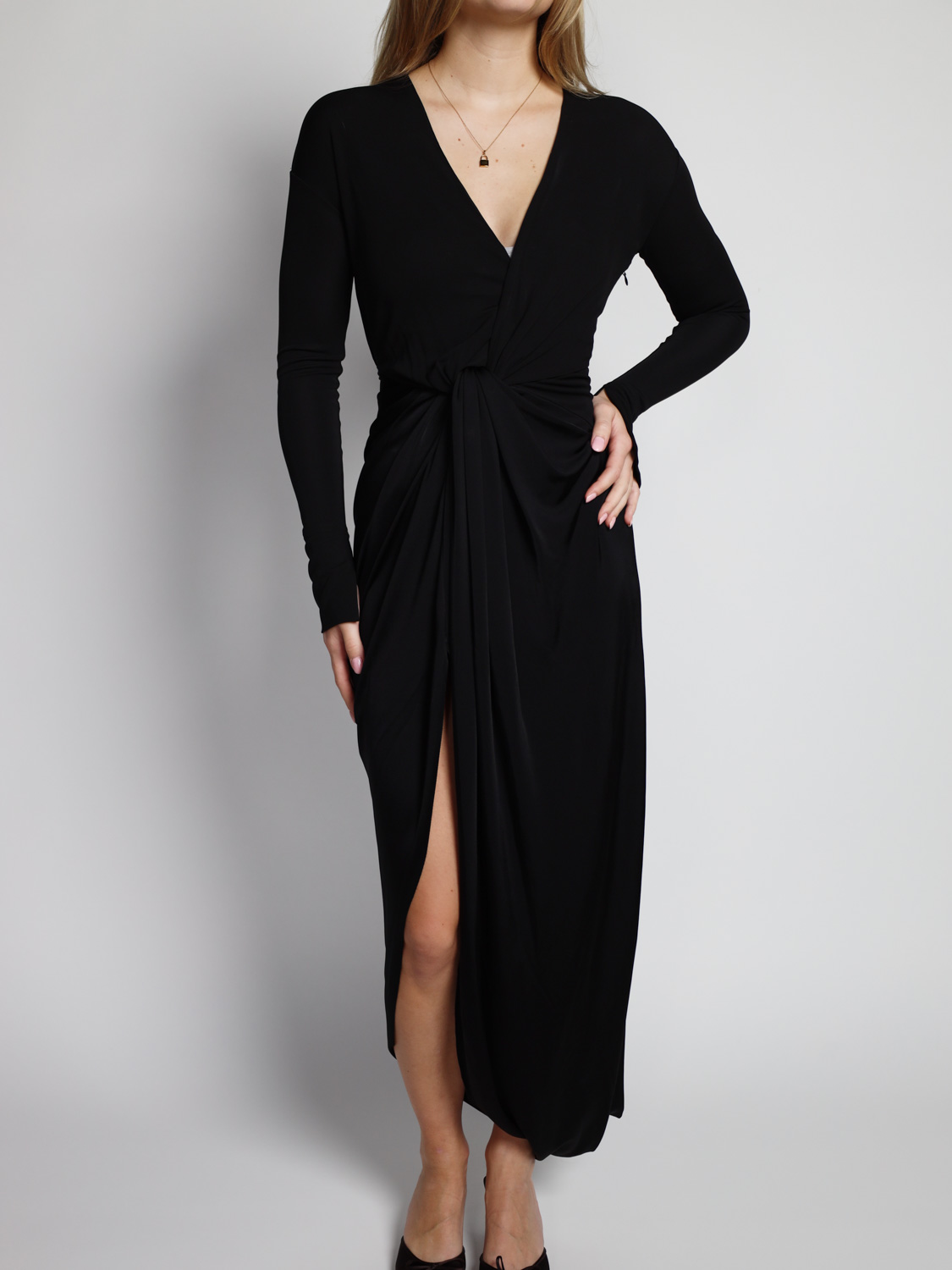  Long sleeve knot maxi dress in stretch jersey  