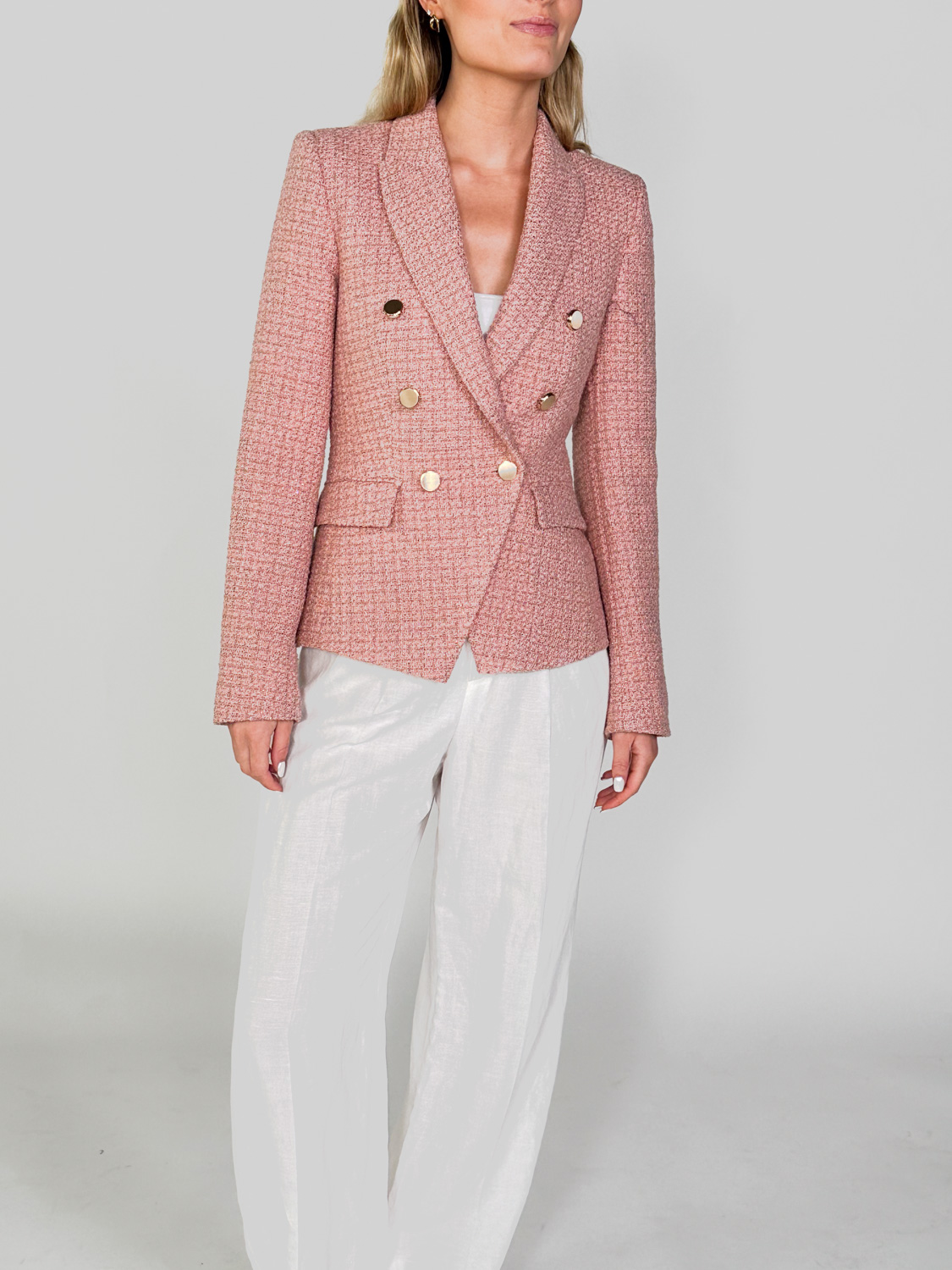 Sly010 Zweireihiger Tweed-Blazer mit goldenen Knöpfen  rosa 36