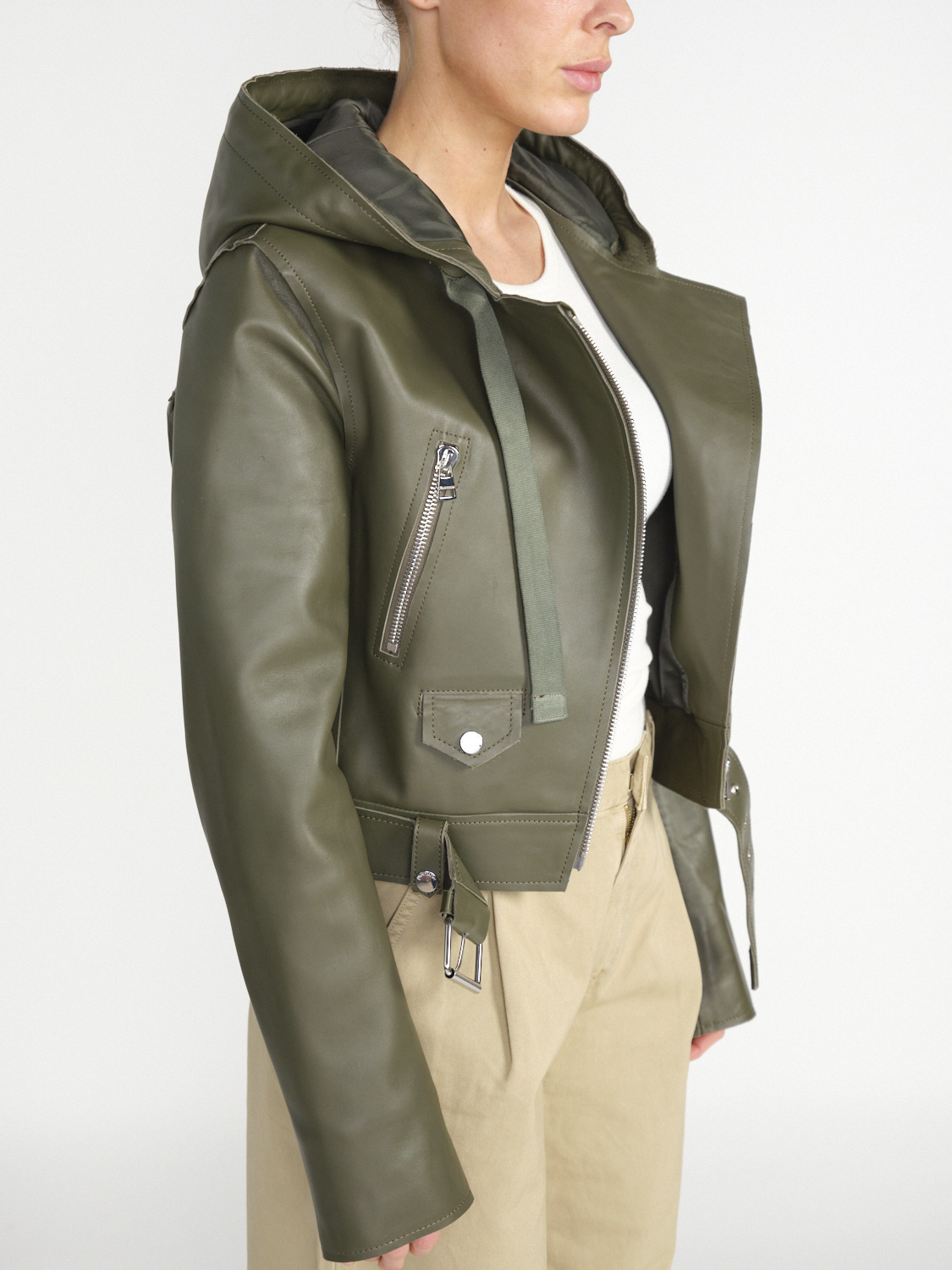 JW Anderson Leder-Bikerjacke mit Kapuze khaki 40