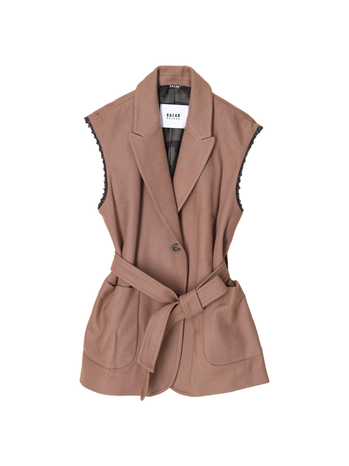 Bazar Deluxe Vest with tie detail and lurex details  camel 34