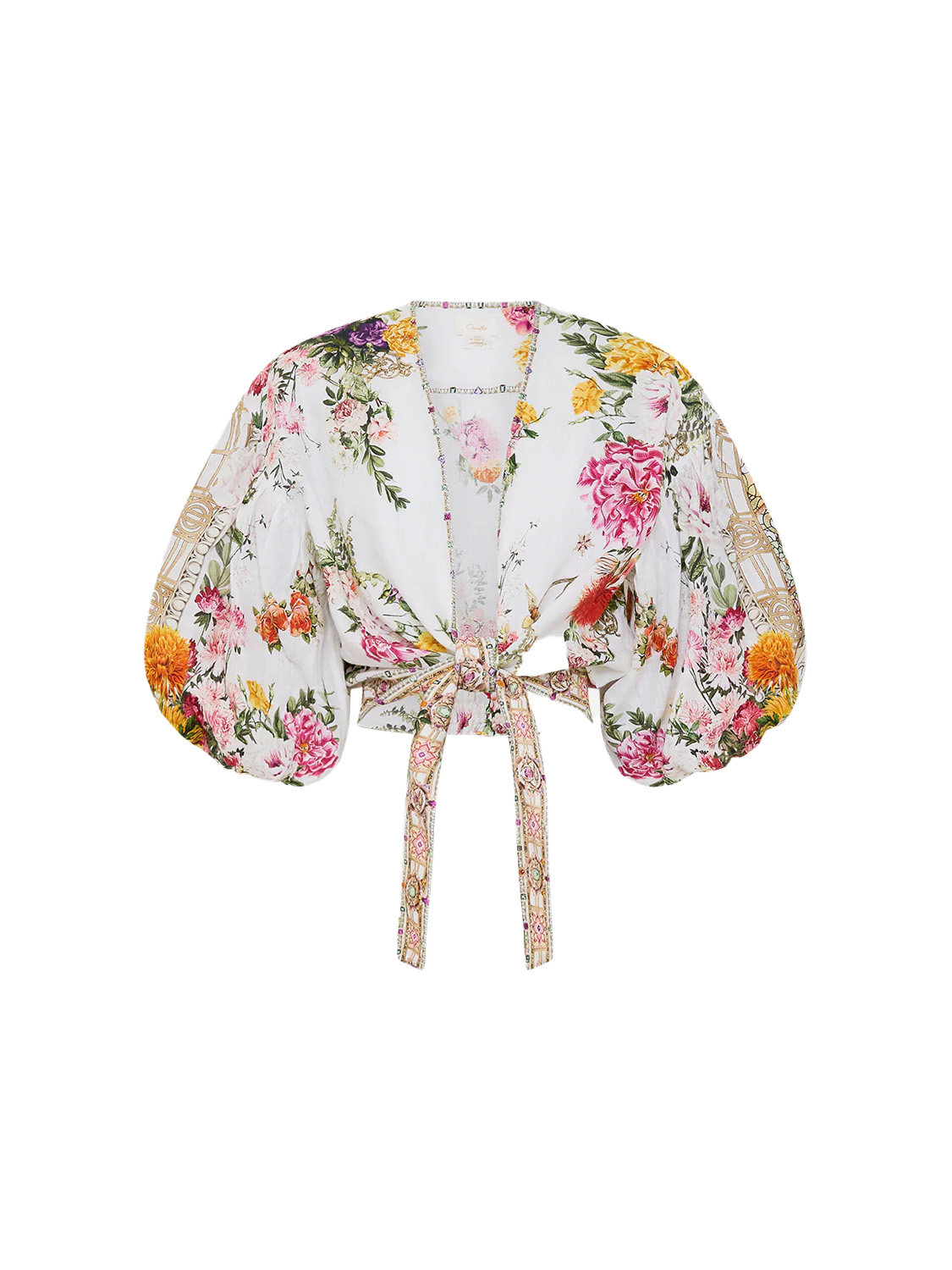 Tie Front Puff - Linen blouse with floral design  