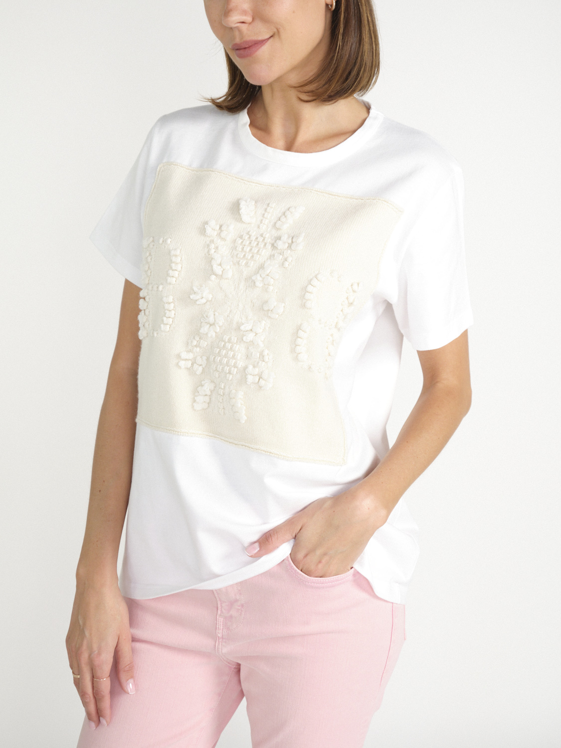 Barrie Baumwoll-T-Shirt mit Kaschmir-Applikation creme S