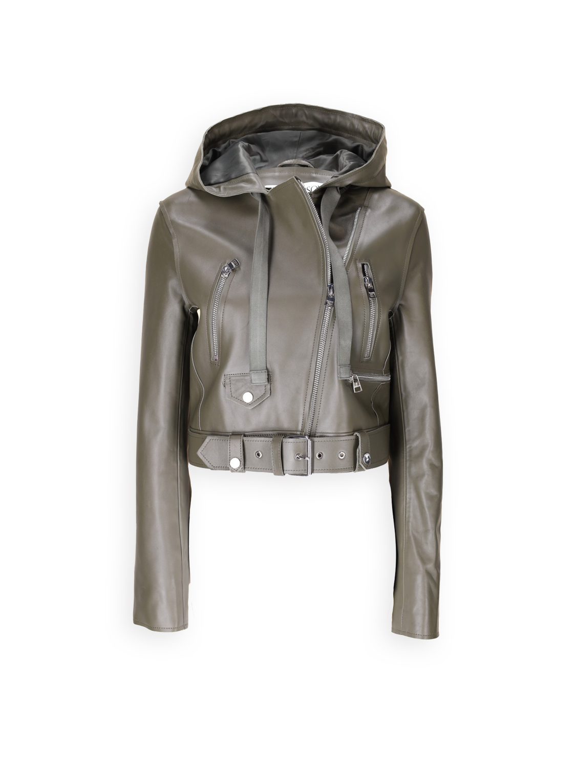 JW Anderson Leder-Bikerjacke mit Kapuze 	  khaki 38