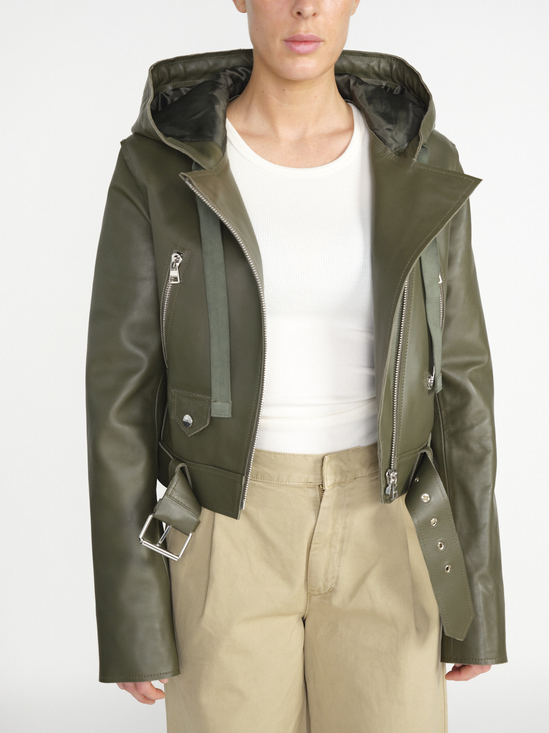 JW Anderson Leder-Bikerjacke mit Kapuze khaki 40