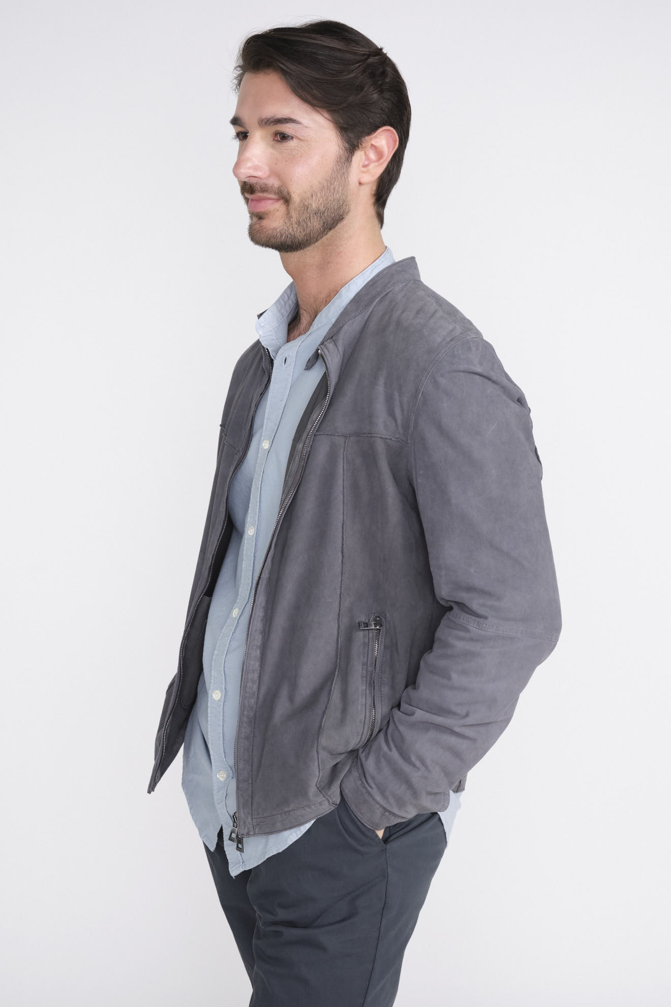 Mens grey suede bomber jacket best sale