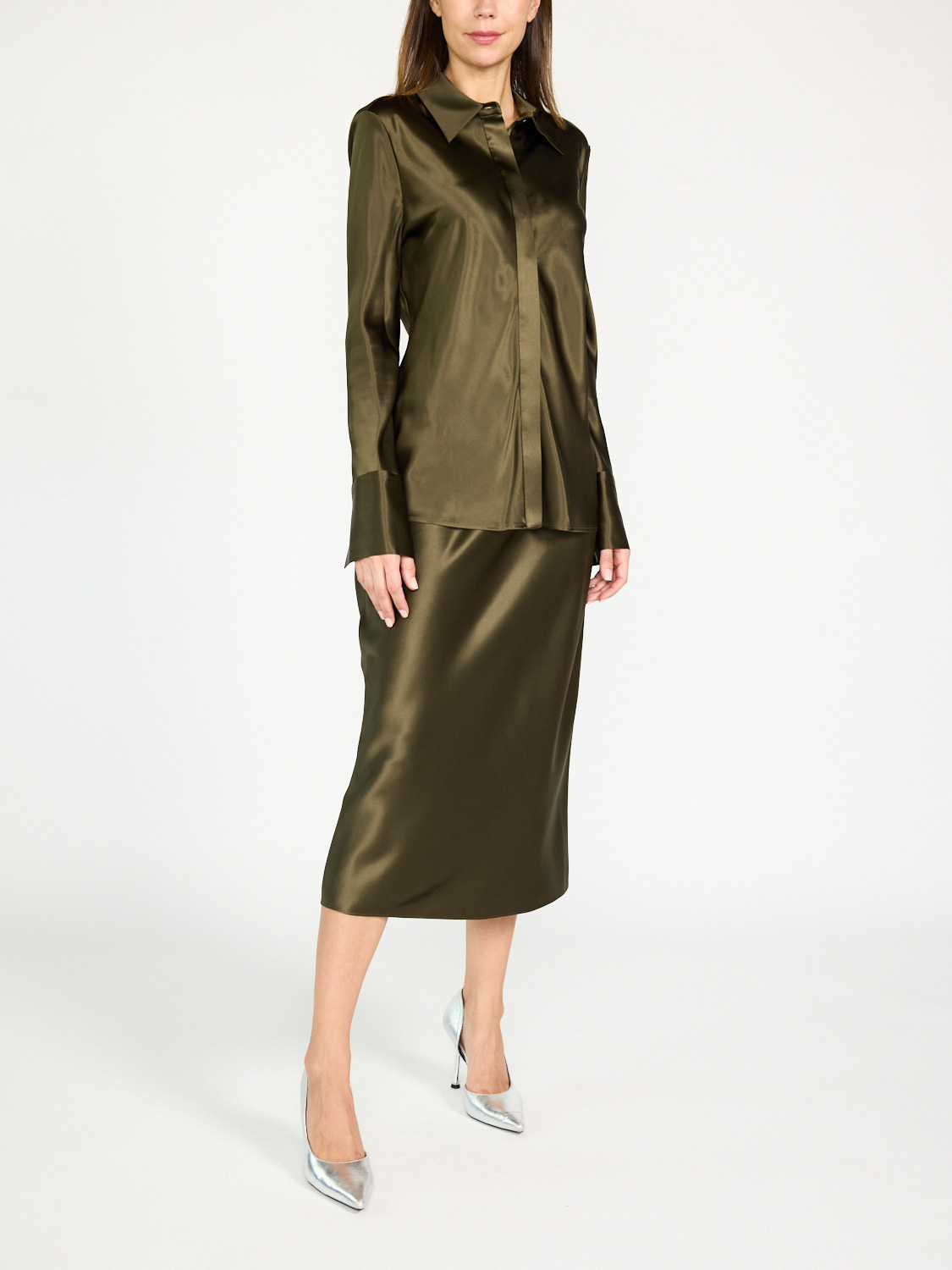 Joseph Isaak – silk satin midi skirt  khaki 34