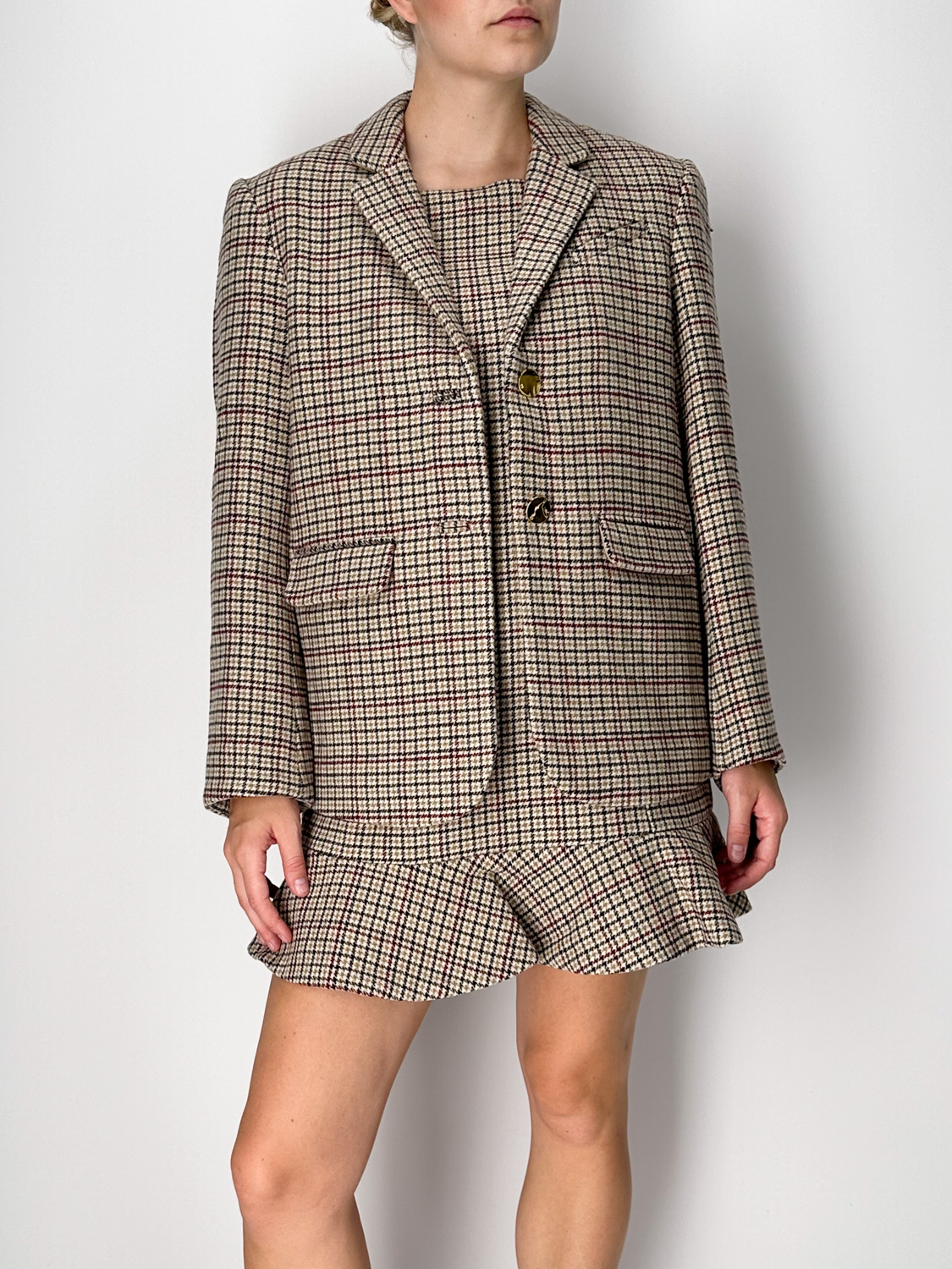 Ganni Checked wool blend blazer beige 38