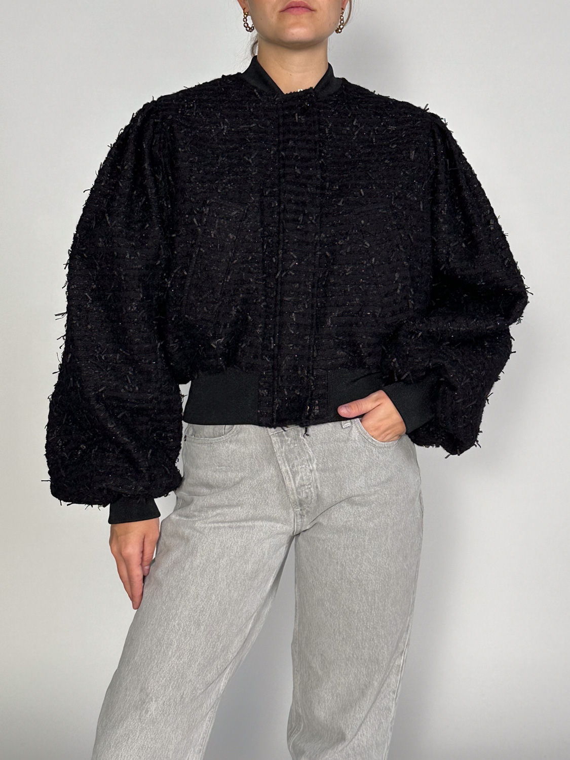 Nina Ricci Cropped bomber jacket made of tweed  black 34