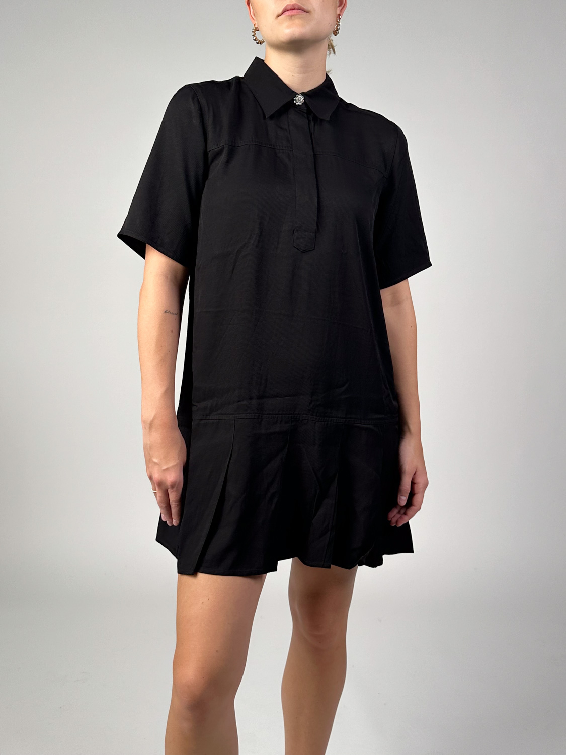 Ganni Twill mini dress with pleat details   36 black