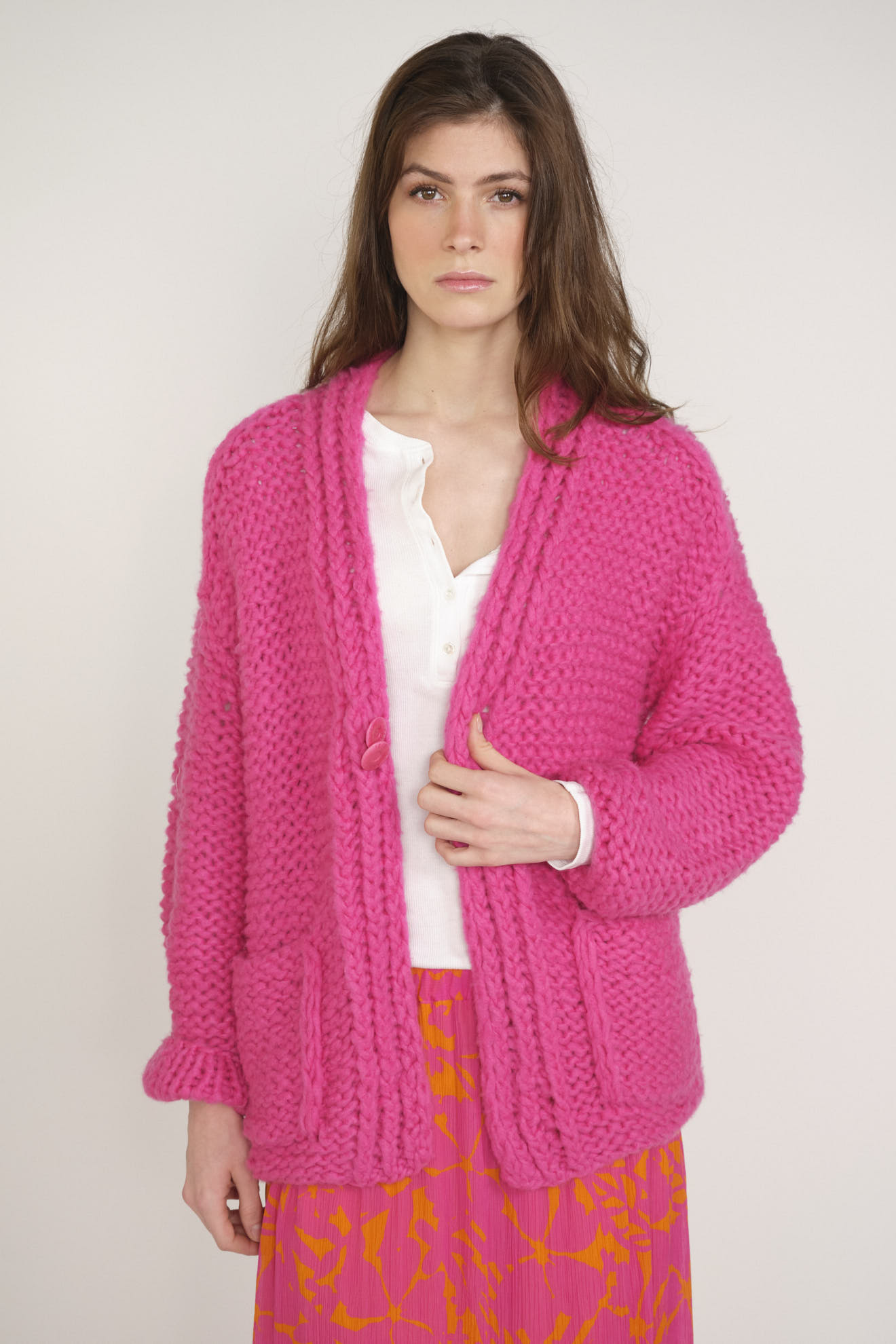 Luxury Handknit Cotton Women's Cardigan in Pink: the Diana