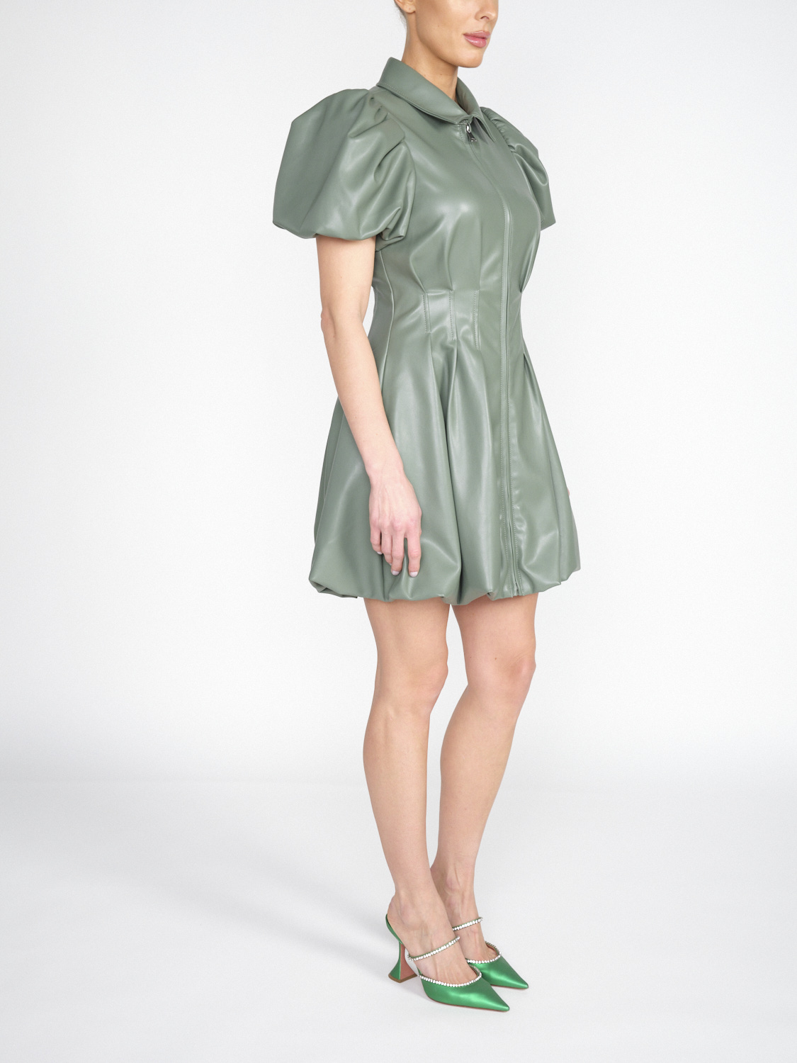 Simkhai Callista Dress – Mini-Kleid in Leder-Optik mit Ballon-Schößchen 	  khaki 34