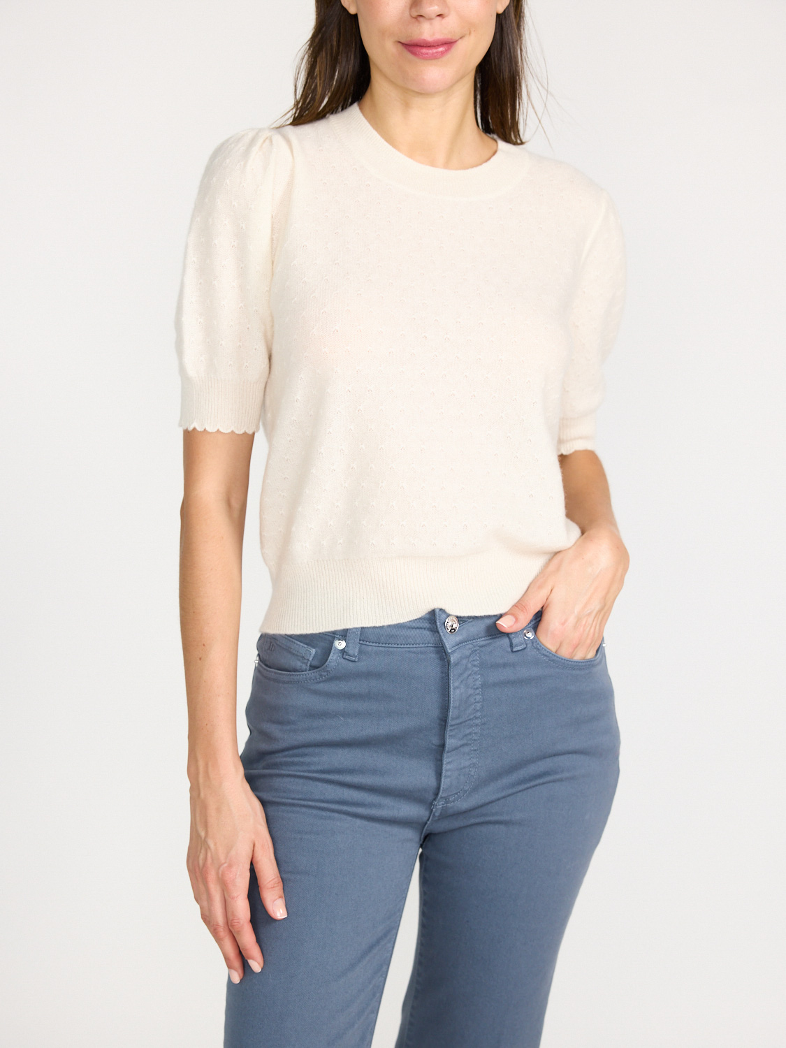 Frame Pointelle – Kurzarm-Pullover aus Cashmere creme S