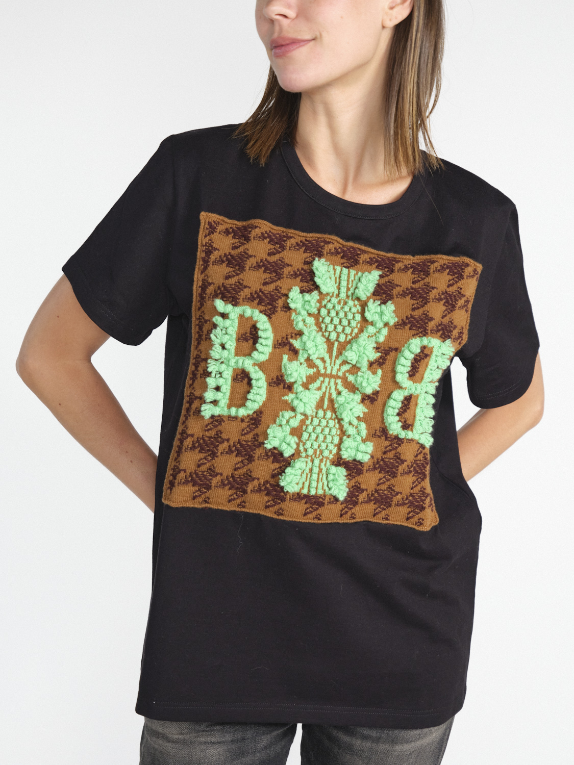 Barrie  Houndstooth Thistle – T-Shirt mit Cashmere Applikationen   schwarz L